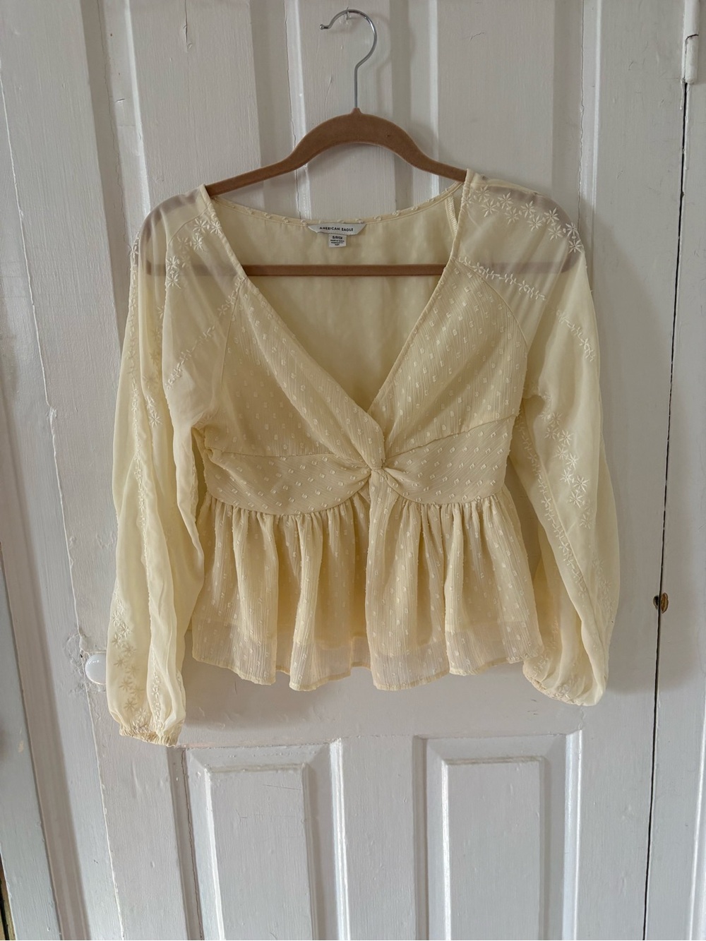 American Eagle Outfitters Cream Knot-Front Peplum Blouse